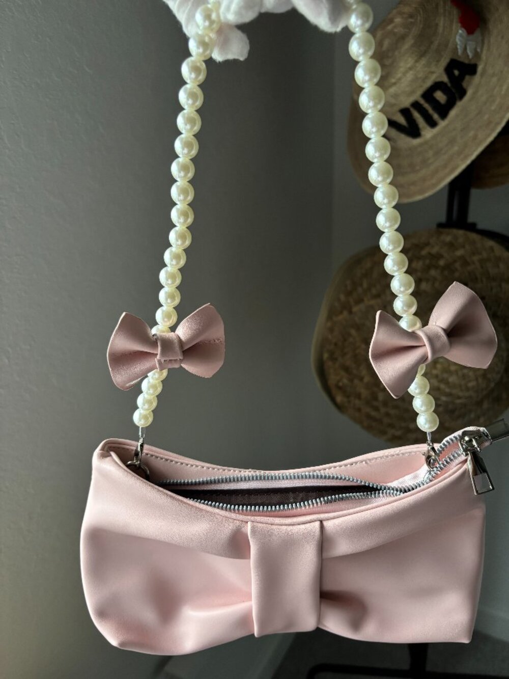 🎀 Pink Bow Pearl Handle Faux Leather Handbag Clutch Purse